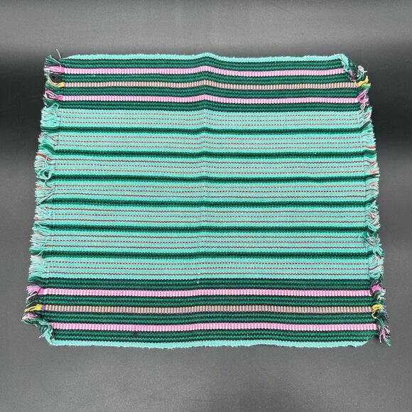 Vintage Placemat and Napkin Set Cotton Fringe Green Pink Stripes Setting for 6 - Picture 2 of 8